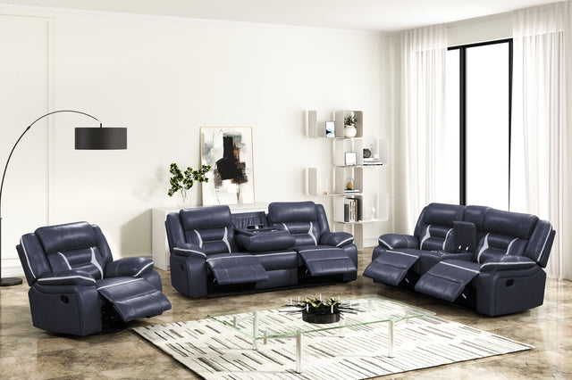 Luka blue oversized reclining sofa with drop-down table and cupholders