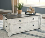 Havalance White and Gray Lift-Top Coffee Table front angle showing drawers