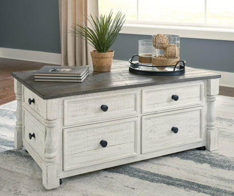 Havalance White and Gray Lift-Top Coffee Table front angle showing drawers
