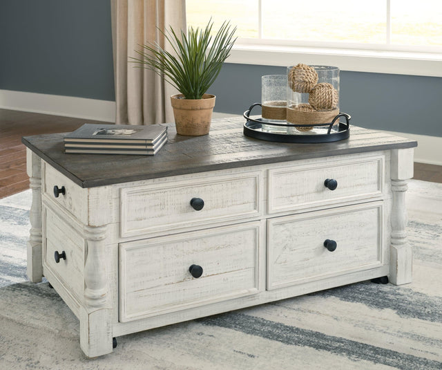 Havalance White and Gray Lift-Top Coffee Table front angle showing drawers