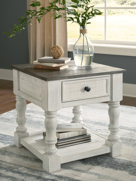 Havalance two-tone white and gray farmhouse end table front angled view