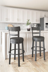 Valebeck Black Bar Height Bar Stool front angle showing swivel seat and nailhead trim
