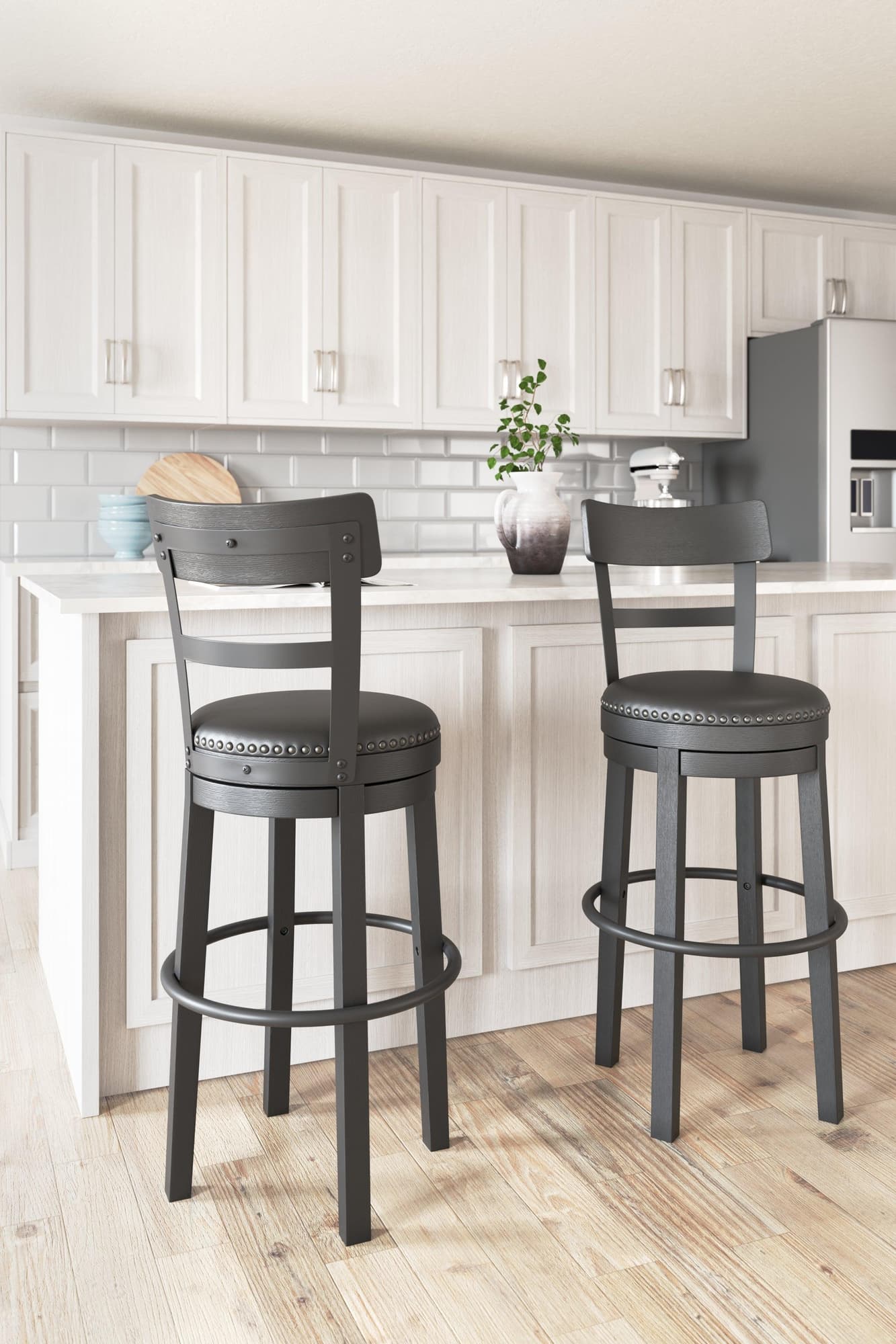 Valebeck Black Bar Height Bar Stool front angle showing swivel seat and nailhead trim