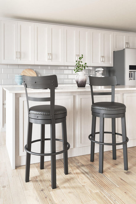 Valebeck Black Bar Height Bar Stool front angle showing swivel seat and nailhead trim