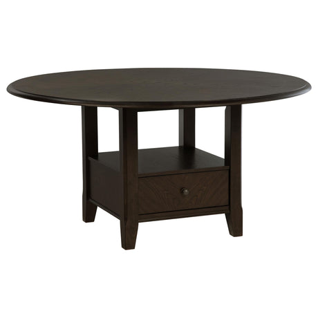 Twyla 60-inch round dining table dark cocoa front view showing drawers