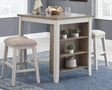 Skempton counter height white and light brown dining table and two bar stools set front view