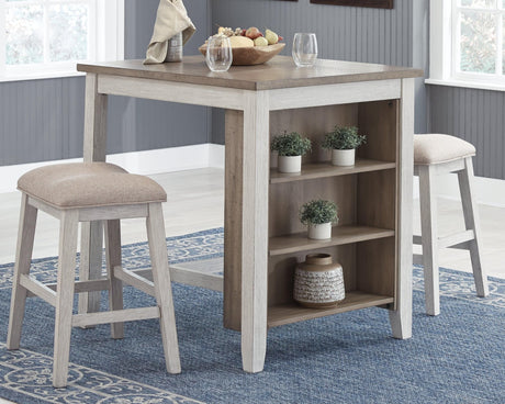Skempton counter height white and light brown dining table and two bar stools set front view