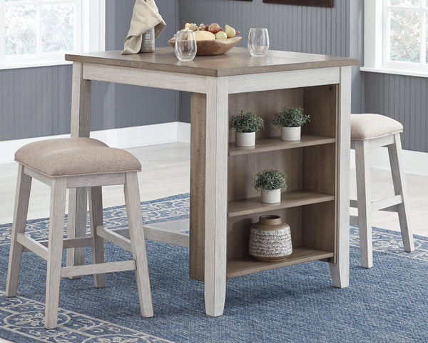 Skempton counter height white and light brown dining table and two bar stools set front view