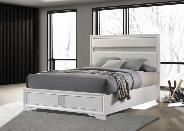 Miranda Eastern King Upholstered Panel Bed in White, front angle