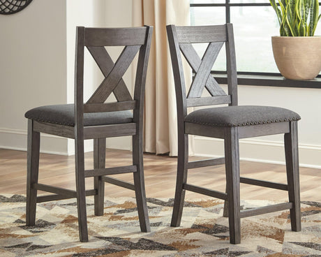 Caitbrook Gray Counter Height Upholstered Bar Stool seating side view
