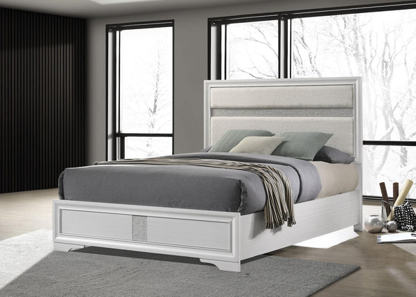 Miranda 55-inch white upholstered queen panel bed front view