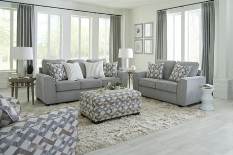 Wanfi Steel fabric sofa and loveseat set angled view