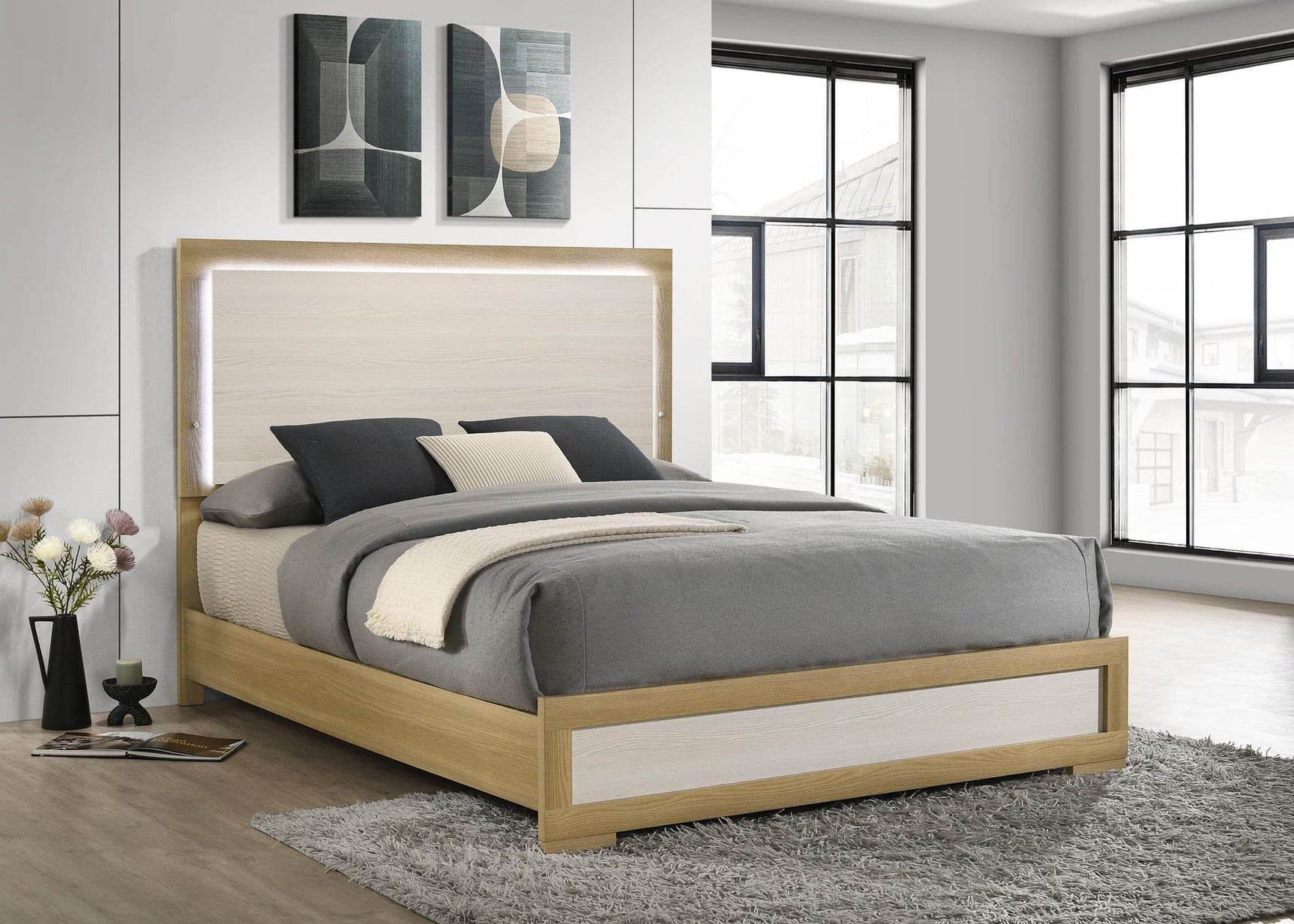 Hyland Wood Queen LED Panel Bed Natural and White, front view