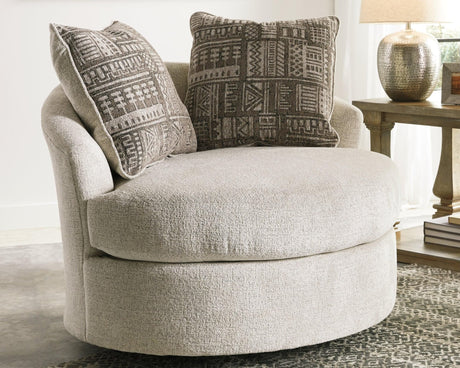 Soletren Stone Chenille Swivel Accent Chair front view in stone fabric