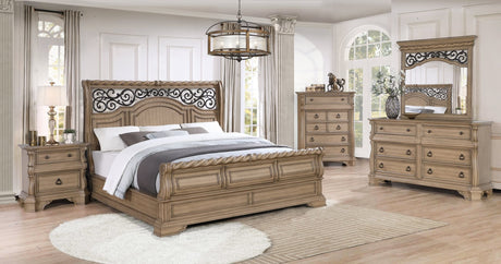 Ben Light Brown Sleigh Bedroom Set bed in light brown finish, angled front view