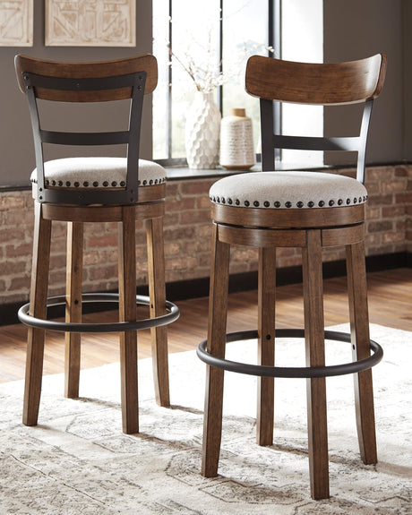 Valebeck brown bar height swivel bar stool angled view
