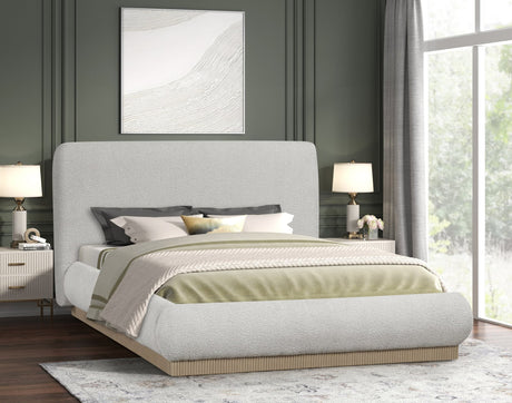 Annie beige upholstered platform queen bed front view