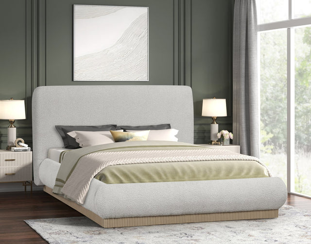 Annie beige upholstered platform queen bed front view