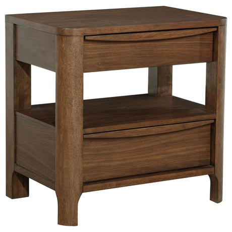 Maderia walnut 2-drawer nightstand front view
