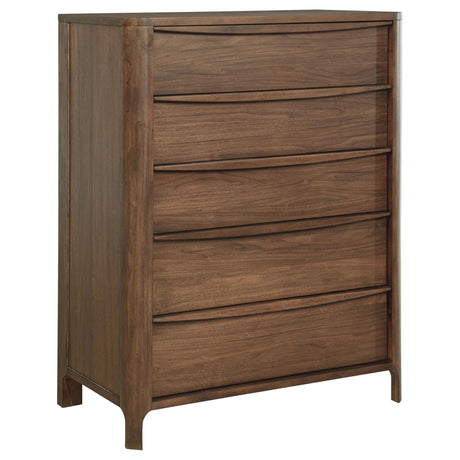 Maderia 5-drawer chest of drawers in walnut finish, front view