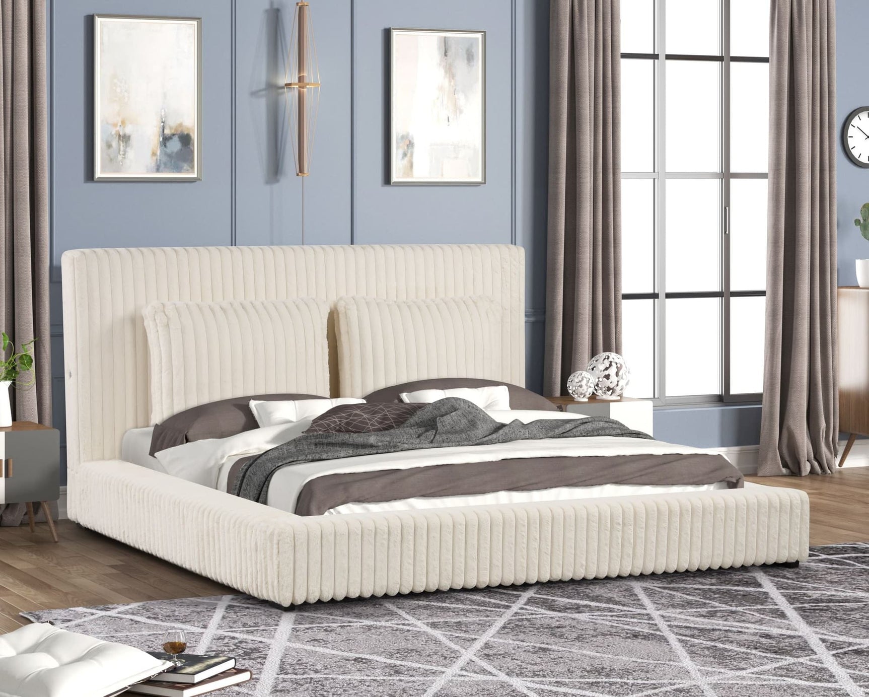 Lauren Beige Upholstered Platform King Bed front view