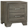 Wright nightstand in brown oak finish showing front angle with drawers closed