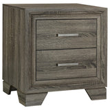 Wright nightstand in brown oak finish showing front angle with drawers closed