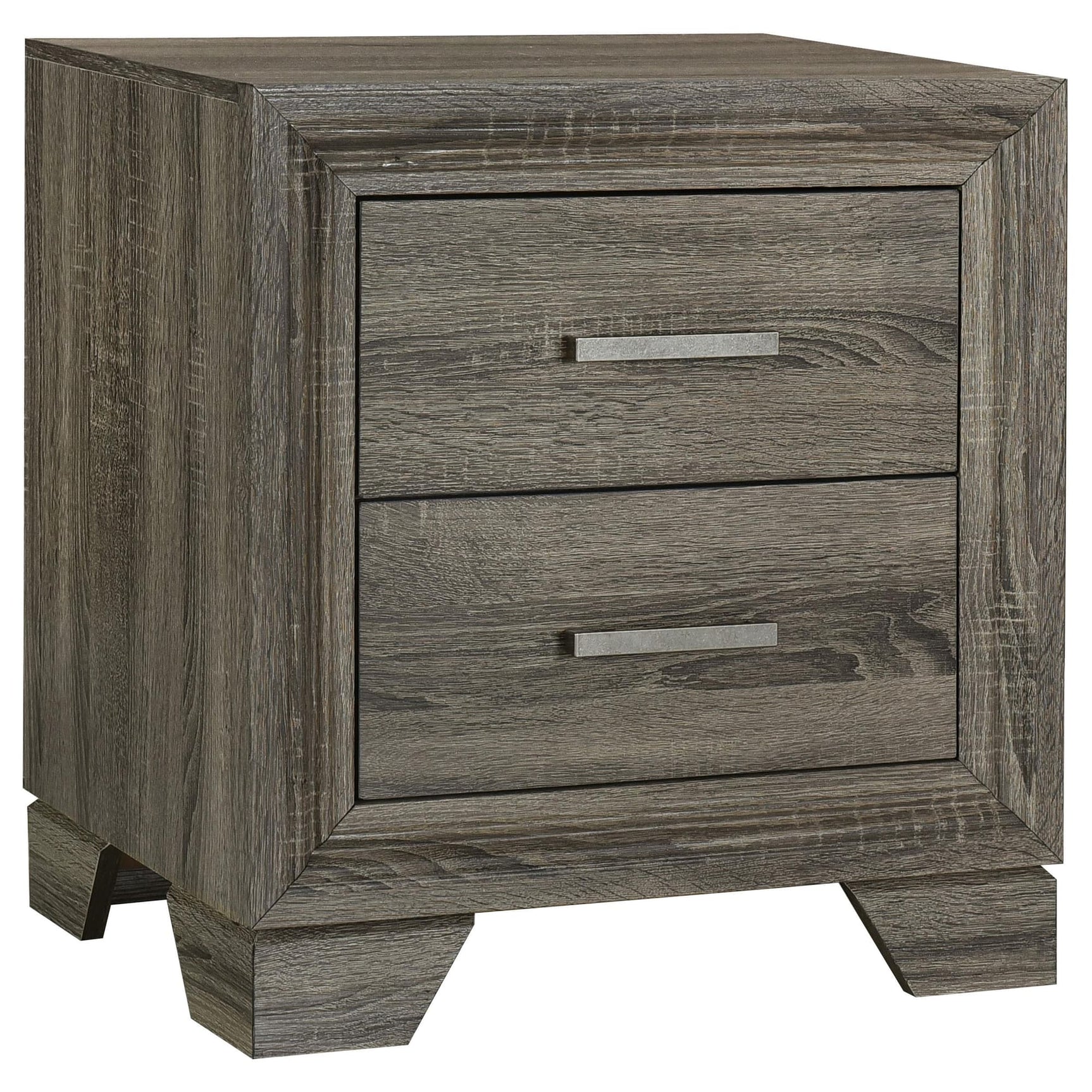 Wright nightstand in brown oak finish showing front angle with drawers closed