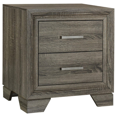 Wright nightstand in brown oak finish showing front angle with drawers closed