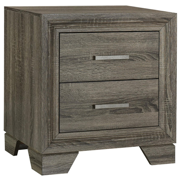 Wright nightstand in brown oak finish showing front angle with drawers closed
