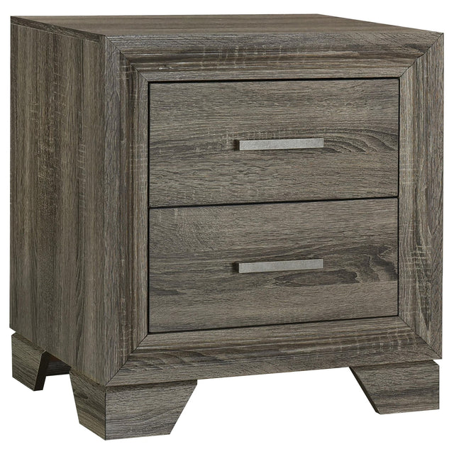 Wright nightstand in brown oak finish showing front angle with drawers closed