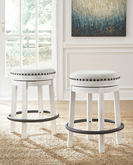 Valebeck White and Black Counter Height Swivel Stool angled view