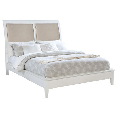 Bexhill 56-inch white upholstered queen panel bed front view