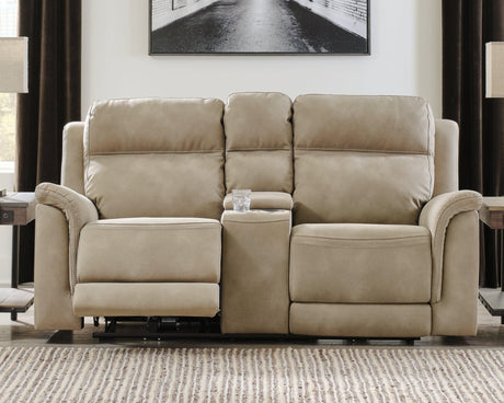 Next-Gen Durapella Sand Microfiber Power Reclining Loveseat with Console, front closed view