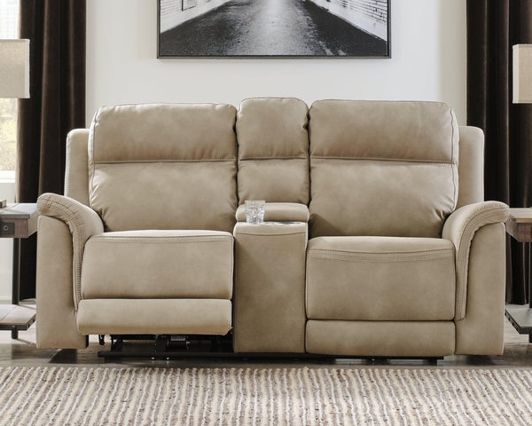 Next-Gen Durapella Sand Microfiber Power Reclining Loveseat with Console, front closed view