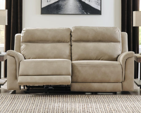 Next-Gen Durapella Sand Microfiber Power Reclining Sofa angled closed view