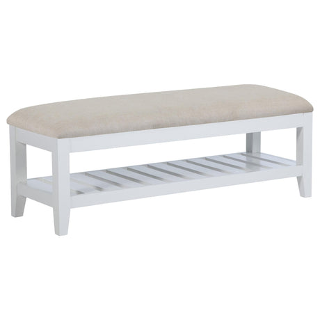 Bexhill Upholstered Rectangular Bench front angle with white fabric cushion and shelf