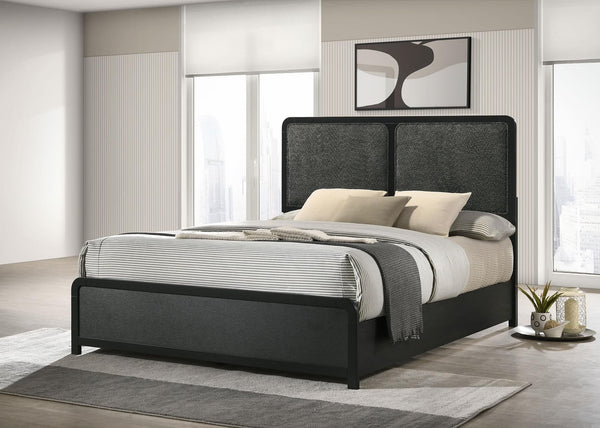 Cavelle 47-inch black upholstered queen bed front angle