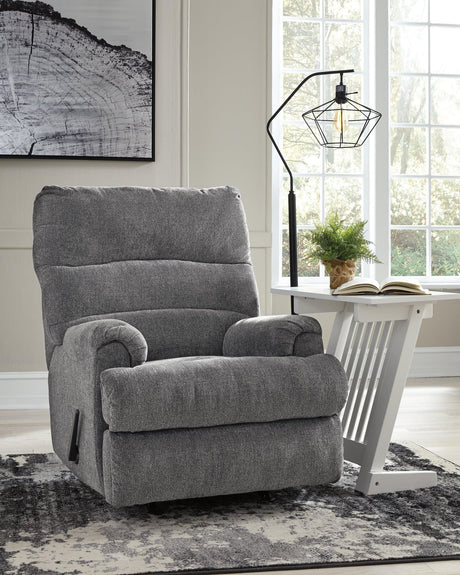 main view of Man Fort Graphite Chenille Recliner from front angle