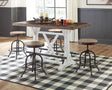 Valebeck white and brown counter height dining table with four swivel barstools