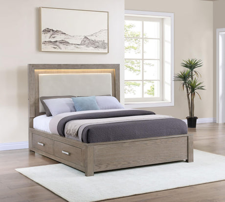 Kenora 56-inch Eastern King LED Storage Bed barley brown front view