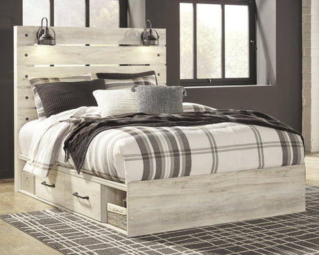 Cambeck whitewash queen panel bed with 2 storage drawers, front view