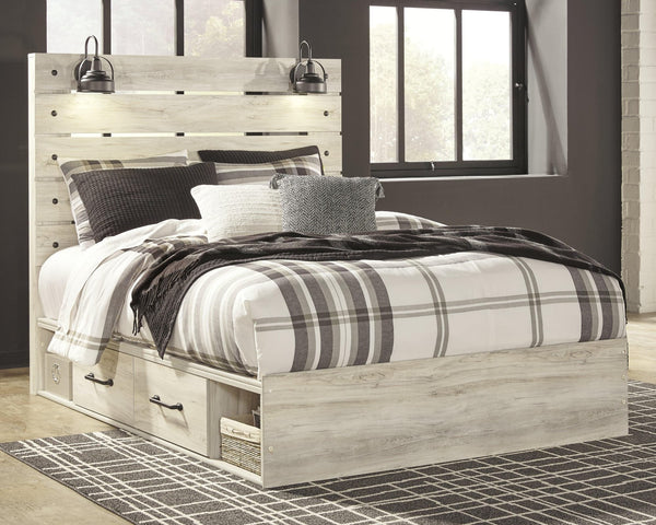 Cambeck whitewash queen panel bed with 2 storage drawers, front view