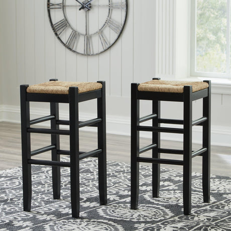 Mirimyn Black Bar Height Stool front view with woven water hyacinth seat