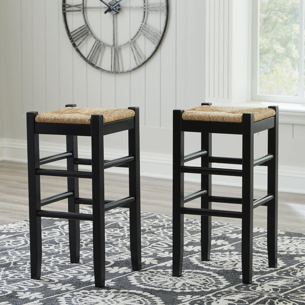 Mirimyn Black Bar Height Stool front view with woven water hyacinth seat