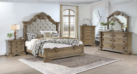 Binine light brown upholstered tufted panel bed front view