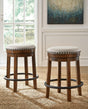 Valebeck brown and black counter height swivel stool front angle