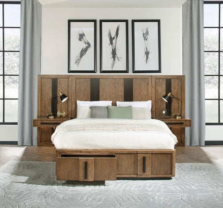 Terrace Queen Storage Bed front view with wall panel headboard in ash brown