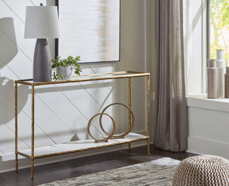 Ryandale Console Sofa Table side view showing antique brass finish and marble shelf