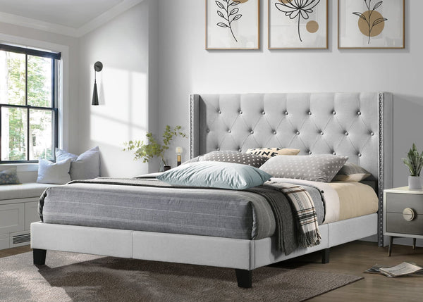 Hikaru gray tufted upholstered queen platform bed front view